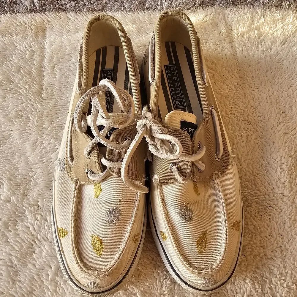 Sperry Top Sider Women's Seashells Bahama 2-Eye Lace Up Boat‎ Shoe Size 6M Beige